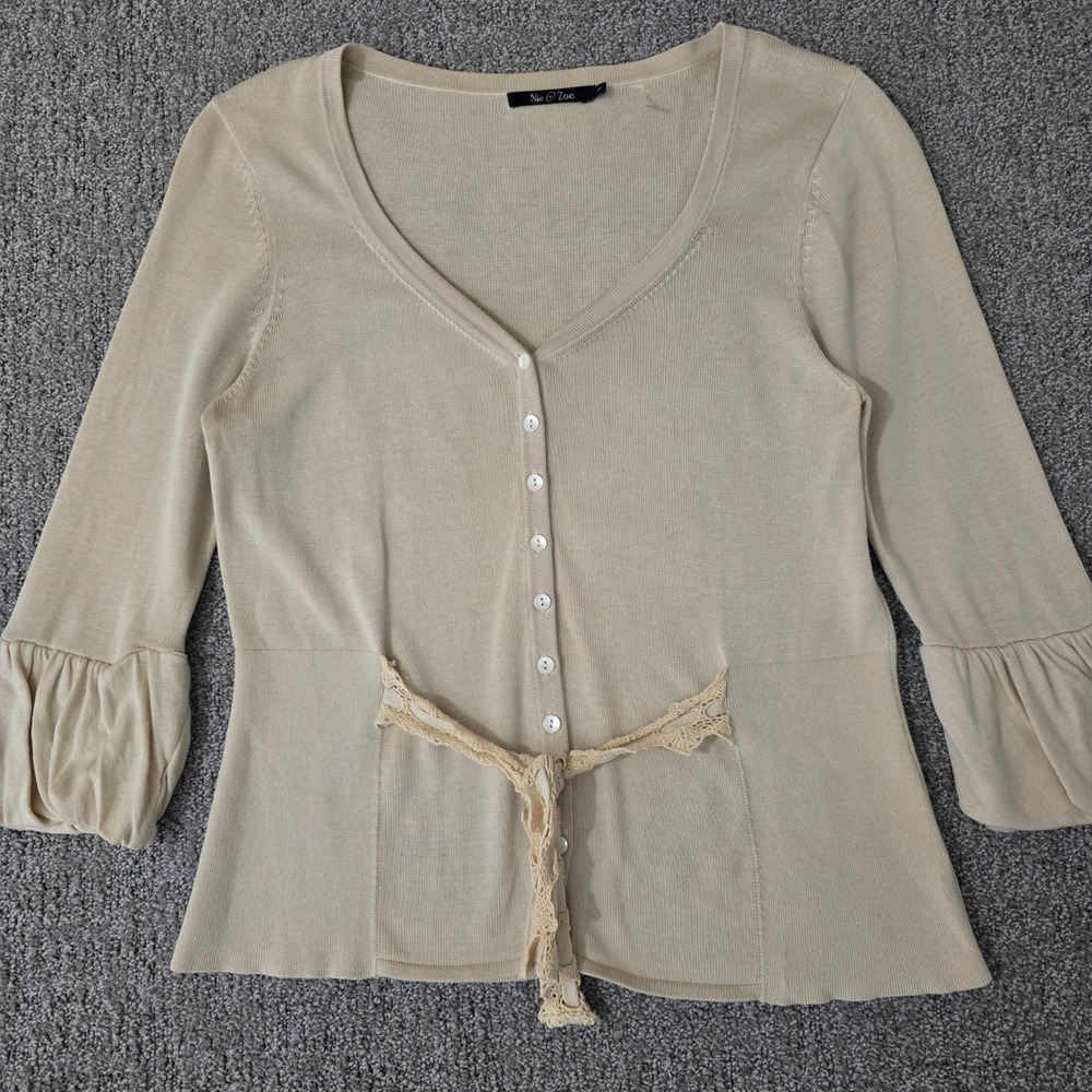 Nic + Zoe Silk‎ Blend Peplum Cardigan S Bell Sleeve Tie Waist Romantic